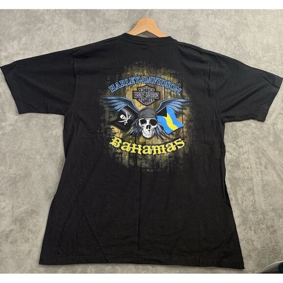 Vintage Harley Davidson Shirt Mens XL Bahamas Skull Flag Double Sided Motorcycle - Picture 2 of 8